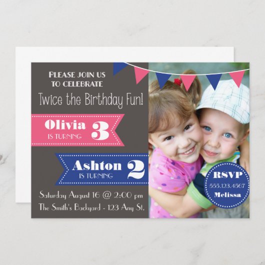 Invitation de fête d'anniversaire double (garçon/f (Devant / Derrière)