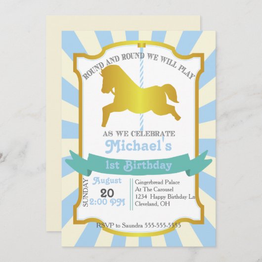 Invitation de fête d'anniversaire du carrousel (bl (Devant / Derrière)