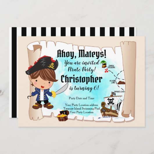 Invitation de fête d'anniversaire du Pirate (Devant / Derrière)