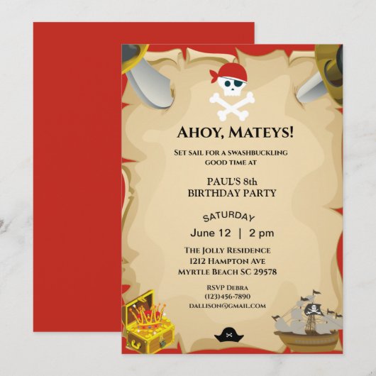 Invitation de fête d'anniversaire du Pirate (Devant / Derrière)