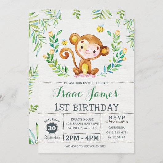 Invitation de fête d'anniversaire du singe de la J (Devant / Derrière)