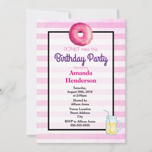 Invitation de fête d'anniversaire fantaisie Donut (Devant)