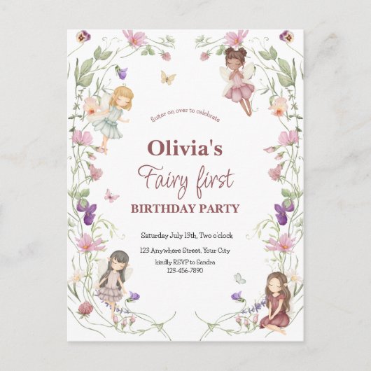 Invitation de fête d'anniversaire féerique et fant (Devant)