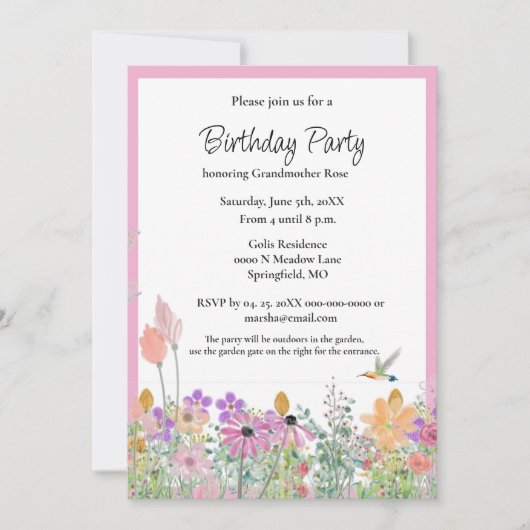 Invitation de fête d'anniversaire Fleur sauvage ro (Devant)
