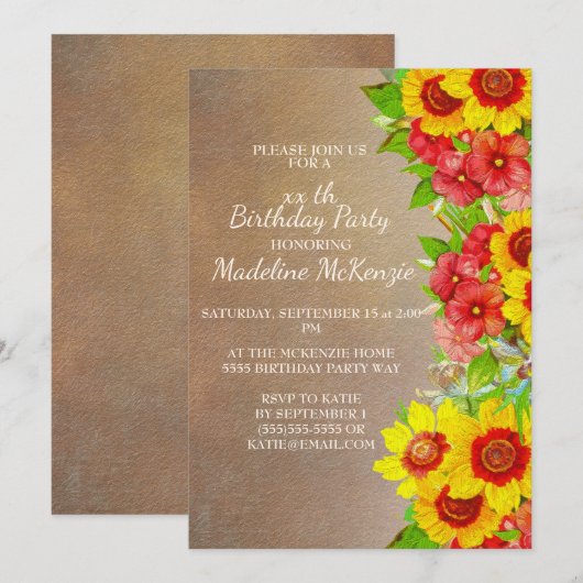 Invitation de fête d'anniversaire Fleurs Rouges Ja (Devant / Derrière)