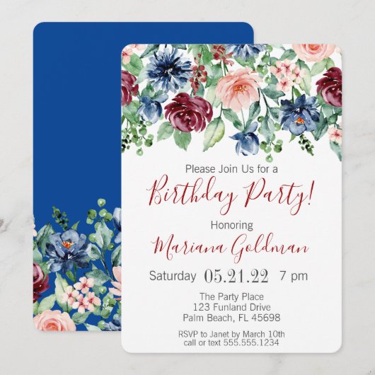 Invitation de fête d'anniversaire florale bleu mar (Devant / Derrière)