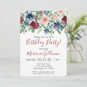 Invitation de fête d'anniversaire florale bleu mar (Debout devant)