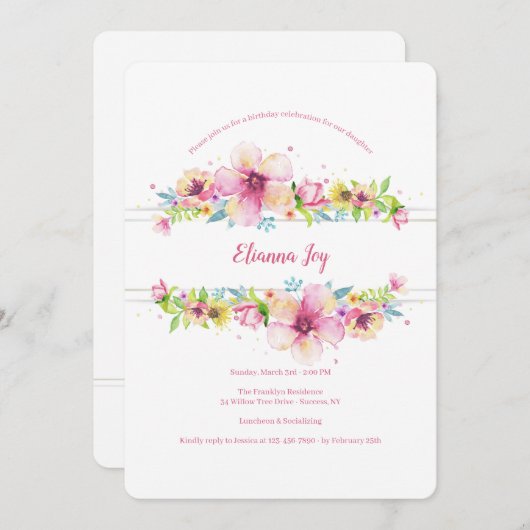 Invitation de fête d'anniversaire florale frontièr (Devant / Derrière)