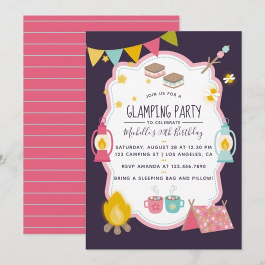 Invitation de fête d'anniversaire Glamping (Devant / Derrière)