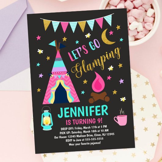 Invitation de fête d'anniversaire Glamping / Campi