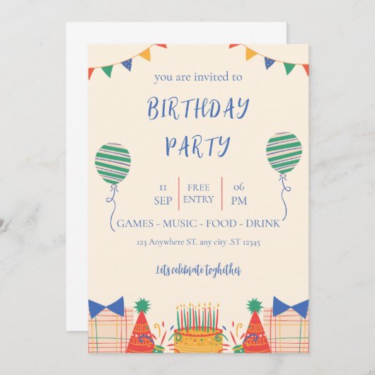 invitation de fête d'anniversaire illustrative col (Devant / Derrière)