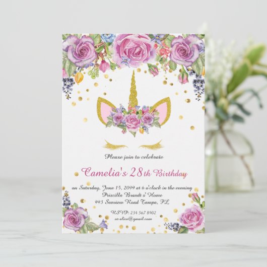 Invitation de fête d'anniversaire, licorne, blanc, (Debout devant)