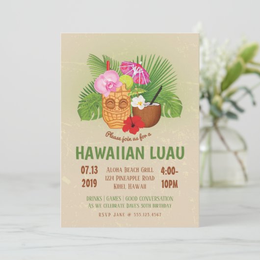 Invitation de fête d'anniversaire Luau Hawaïen Tik (Debout devant)