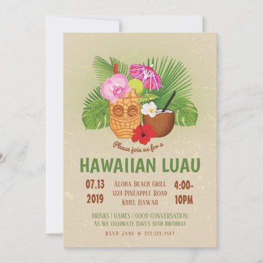 Invitation de fête d'anniversaire Luau Tiki Hawaïe (Devant)