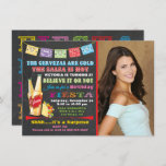 Invitation de fête d'anniversaire mexicaine<br><div class="desc">Fête d'anniversaire mexicaine amusante et colorée avec bannières de picado papel,  Cervezas,  taco et polices amusantes sur un arrière - plan noir,  tableau noir. Idéal pour une soirée surprise à thème espagnole ou mexicaine adulte ! Modifiez simplement la photo avec votre photo. Illustration tirée à la main par McBooboos</div>