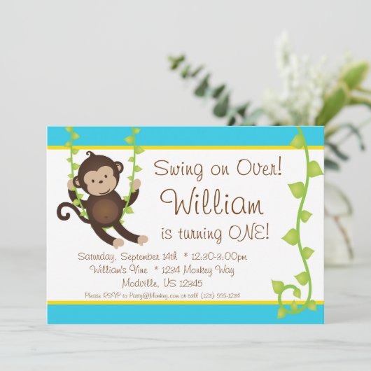 Invitation de fête d'anniversaire Mod Monkey Blue  (Debout devant)