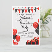 Invitation de fête d'anniversaire moderne rouge et (Debout devant)