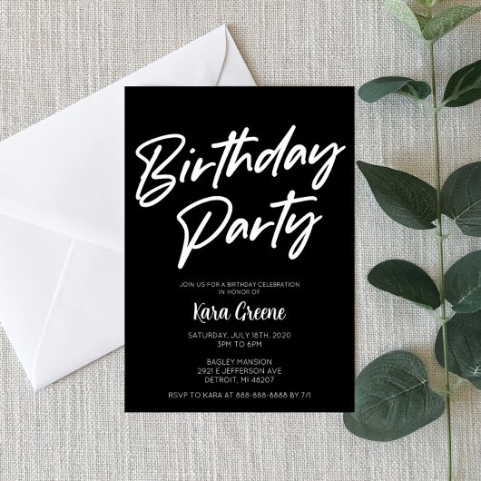 Invitation de fête d'anniversaire noire et blanche