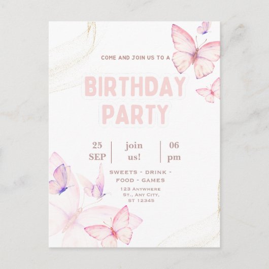 Invitation de fête d'anniversaire Papillon Rose Él (Devant)