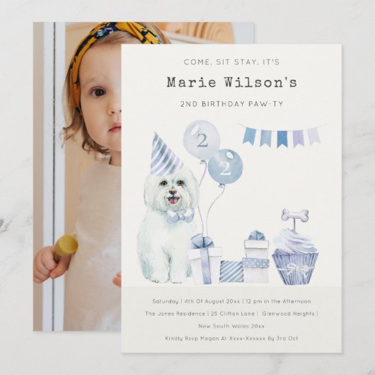Invitation de fête d'anniversaire pour chien bleu (Devant / Derrière)