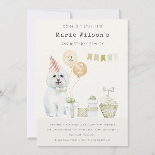 Invitation de fête d'anniversaire pour chien vert (Devant)