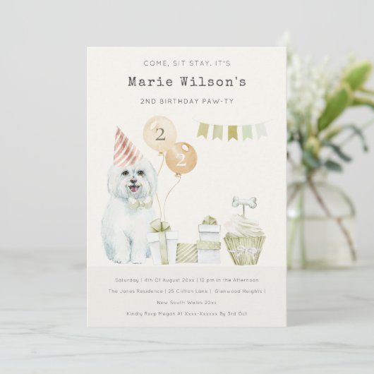 Invitation de fête d'anniversaire pour chien vert  (Debout devant)