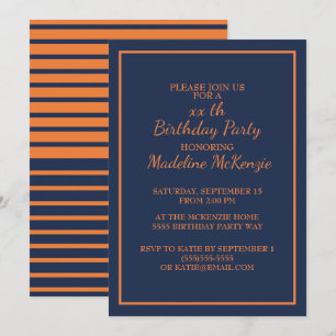 Invitation de fête d'anniversaire rayée bleu marin