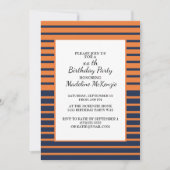 Invitation de fête d'anniversaire rayée bleu orang (Devant)