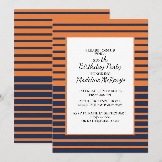 Invitation de fête d'anniversaire rayée bleu orang (Devant / Derrière)