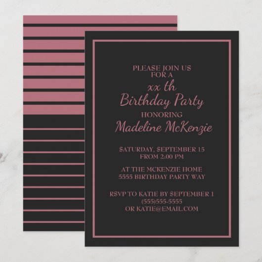 Invitation de fête d'anniversaire rayée or Rose No (Devant / Derrière)
