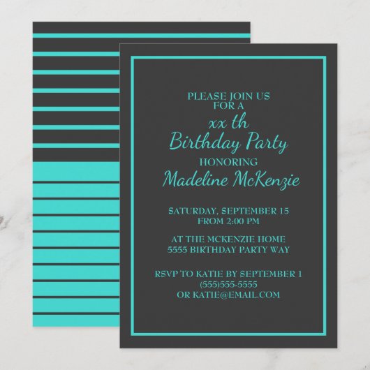 Invitation de fête d'anniversaire rayée turquoise (Devant / Derrière)