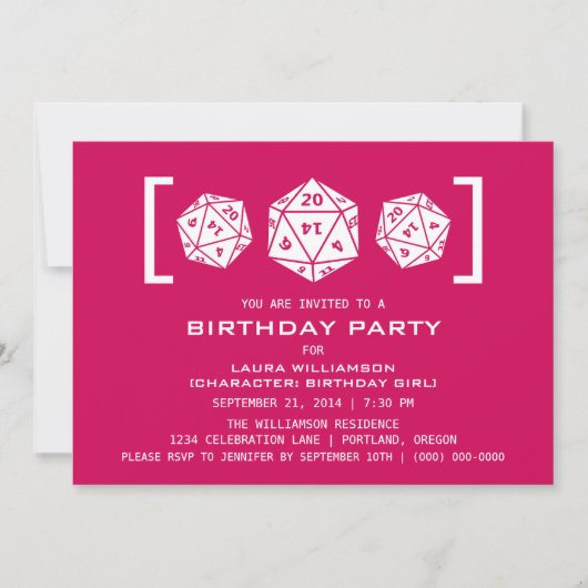 Invitation de fête d'anniversaire rose D20 Dice (Devant)