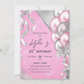 Invitation de fête d'anniversaire rose et argent (Devant)