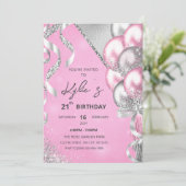 Invitation de fête d'anniversaire rose et argent (Debout devant)