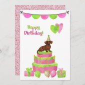 Invitation de fête d'anniversaire rose et vert Dac (Devant / Derrière)