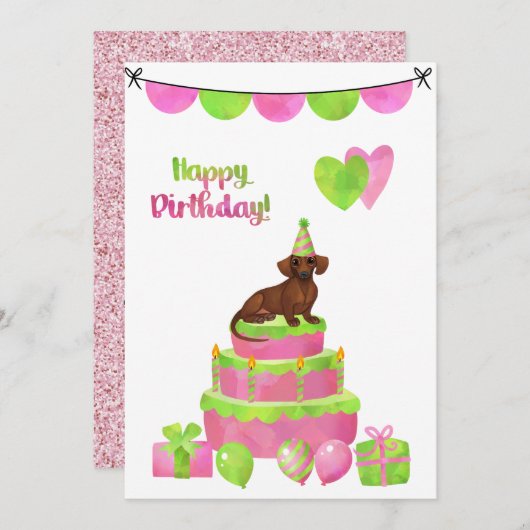 Invitation de fête d'anniversaire rose et vert Dac (Devant / Derrière)