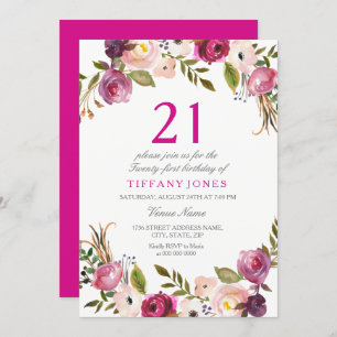 Invitation de fête d'anniversaire rose floral 21e