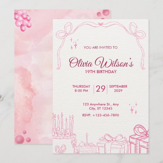 Invitation de fête d'anniversaire rose mignonne de (Devant / Derrière)