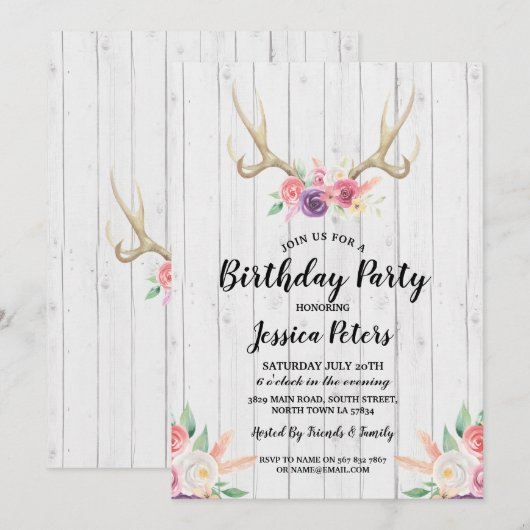 Invitation de fête d'anniversaire rustique avec fl (Devant / Derrière)