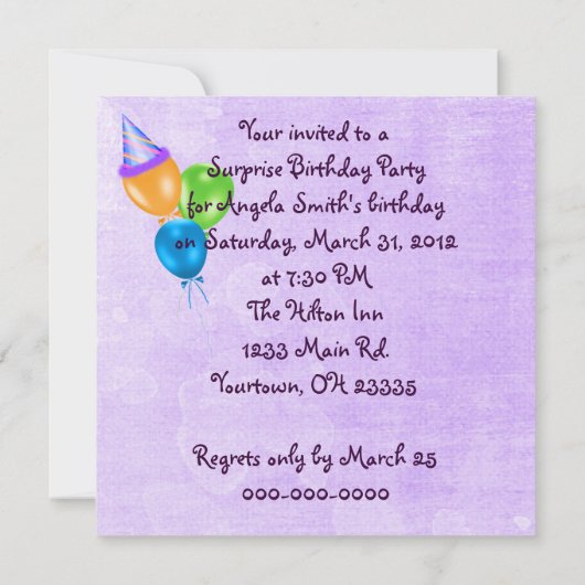 Invitation de fête d'anniversaire surprise (Dos)