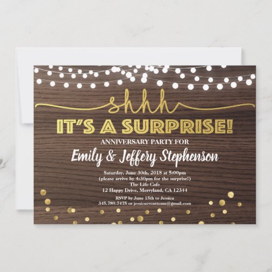 Invitation de fête d'anniversaire surprise bois et (Devant)