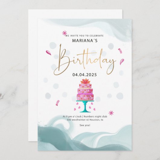 Invitation de fête d'anniversaire | Thème gâteau r (Devant / Derrière)