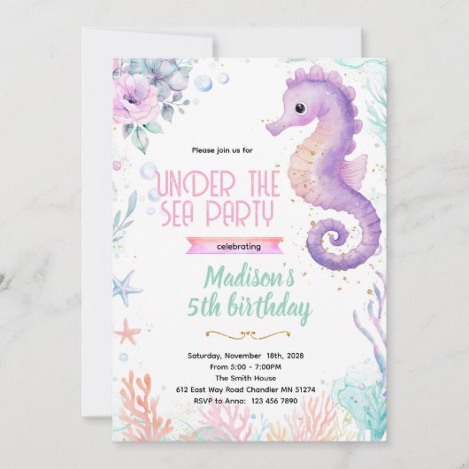 Invitation de fête d'anniversaire thème hippocampe (Devant)