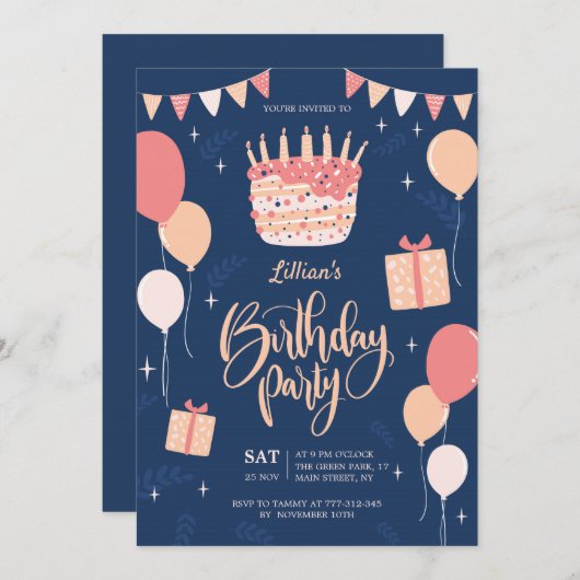 Invitation de fête d'anniversaire tirée à la main (Devant / Derrière)