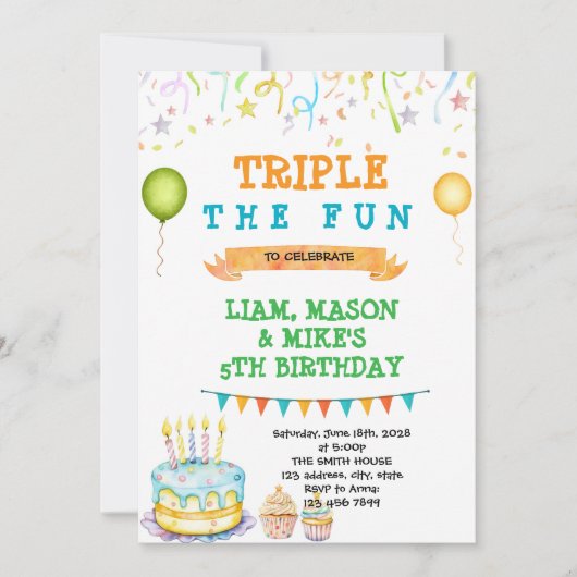 Invitation de fête d'anniversaire triple (Devant)