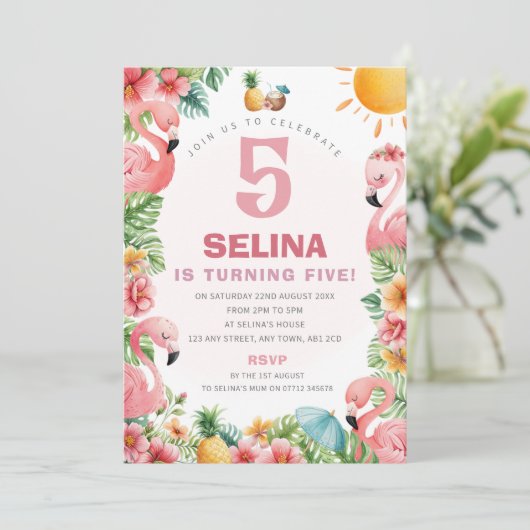 Invitation de fête d'anniversaire tropicale Flaman (Debout devant)