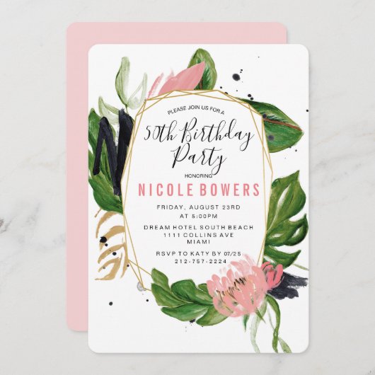 Invitation de fête d'anniversaire tropicale floral (Devant / Derrière)