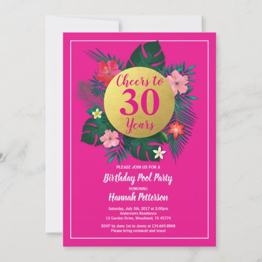 Invitation de fête d'anniversaire tropicale or ros (Devant)