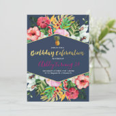 Invitation de fête d'anniversaire tropicale rose e (Debout devant)
