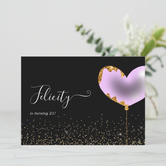 Invitation de fête d'anniversaire violet et or (Debout devant)